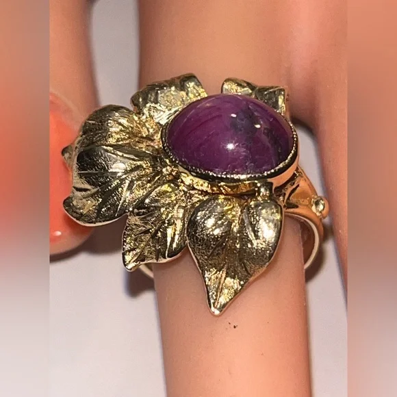 ANTIQUE 14K YELLOW GOLD MASSIVE RING "FLOWER" with "RED STAR"-RUBY, ART NOUVEAU - Picture 3 of 12